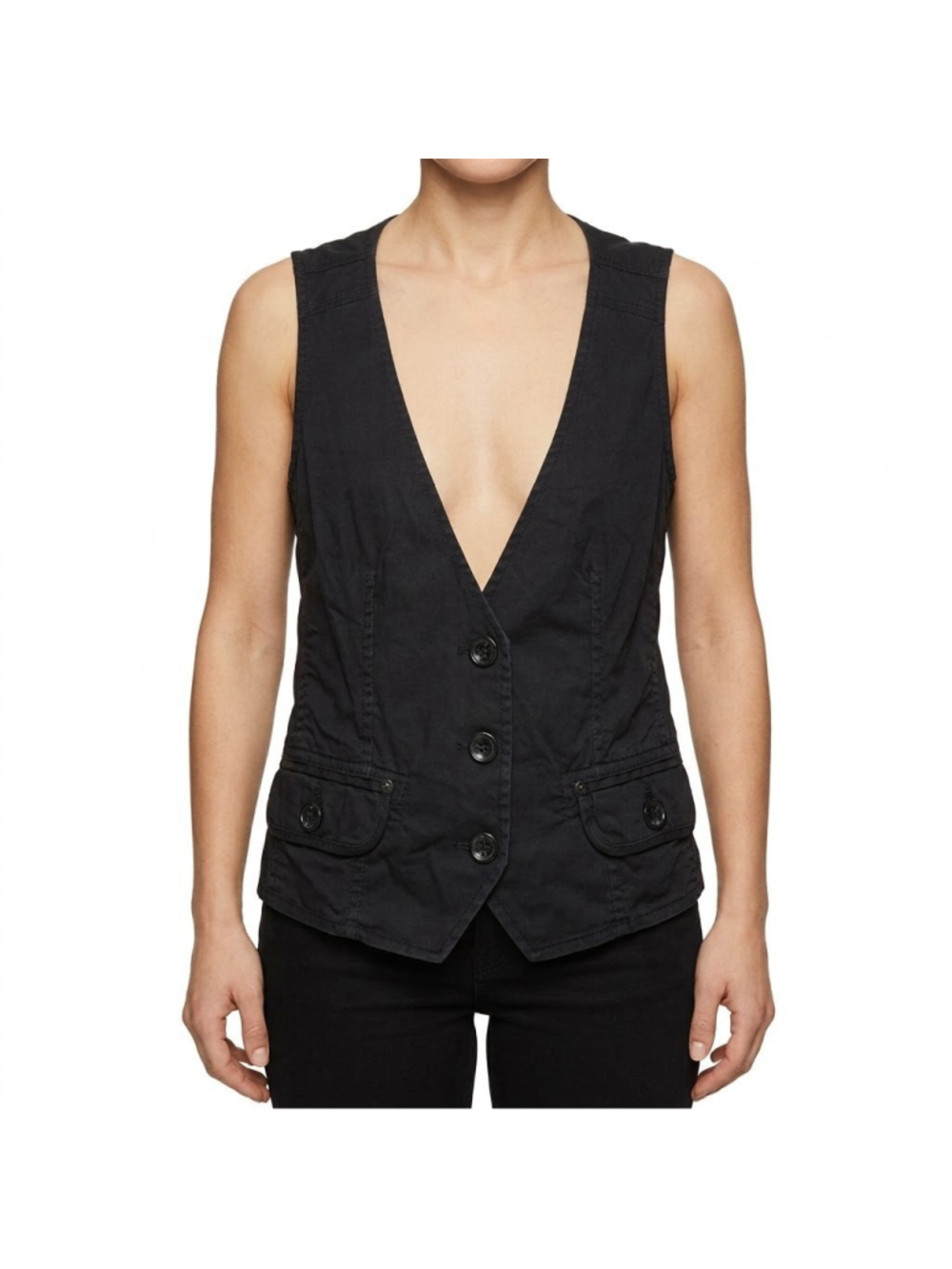 Esprit Womens Black Button Up Vest Waistcoat Cotton Stretch Pocket Size US 8